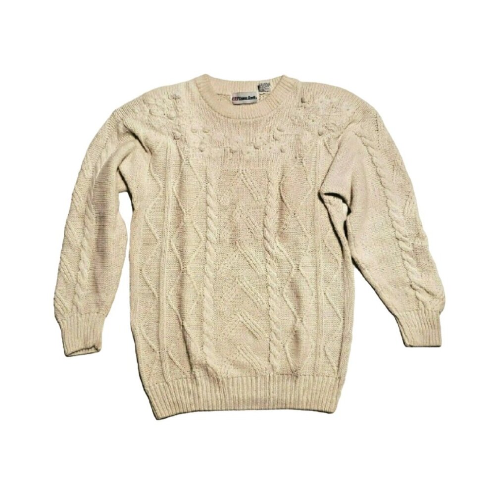 Vintage 80s Sweater Ecru Ivory Cable Knit sz Medium Pearls Beaded Floral Boho‎